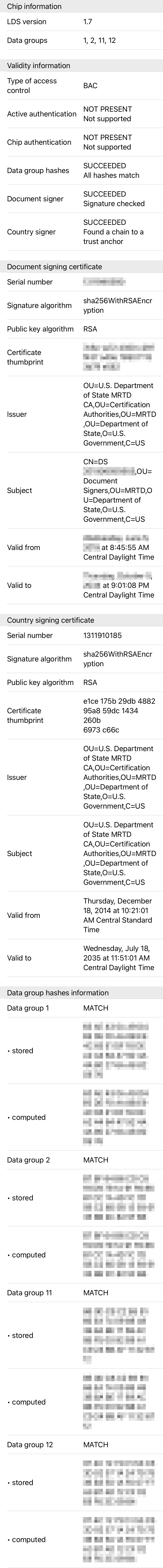 cryptographic signature stored in a U.S. passport's RFID chip